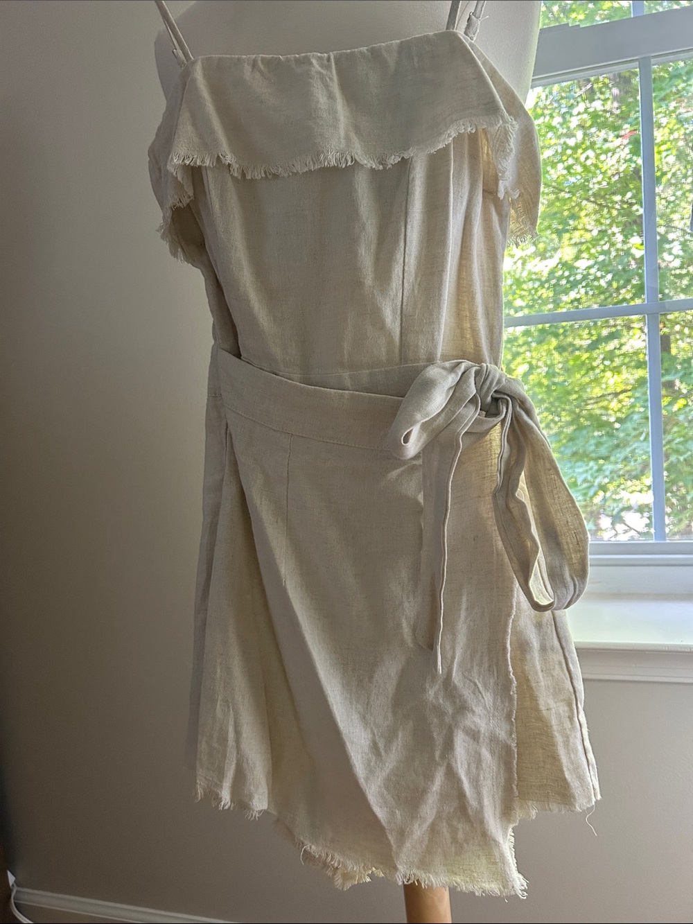Polly Cream Linen Wrap Mini Skort with Frayed Ruffle and Tie Waist